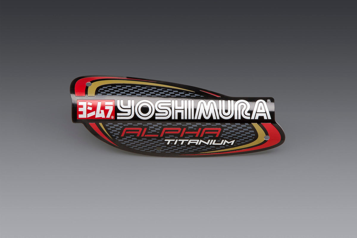 Yoshimura Muffler Name Badge Stainless Alpha and Alpha Taper – lifestyle photo (YM5-NB001)