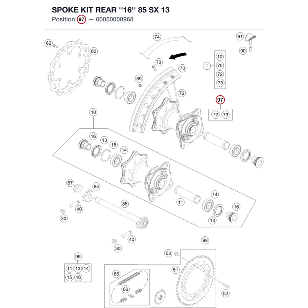 SPOKE KIT REAR ''16'' 85 SX 13