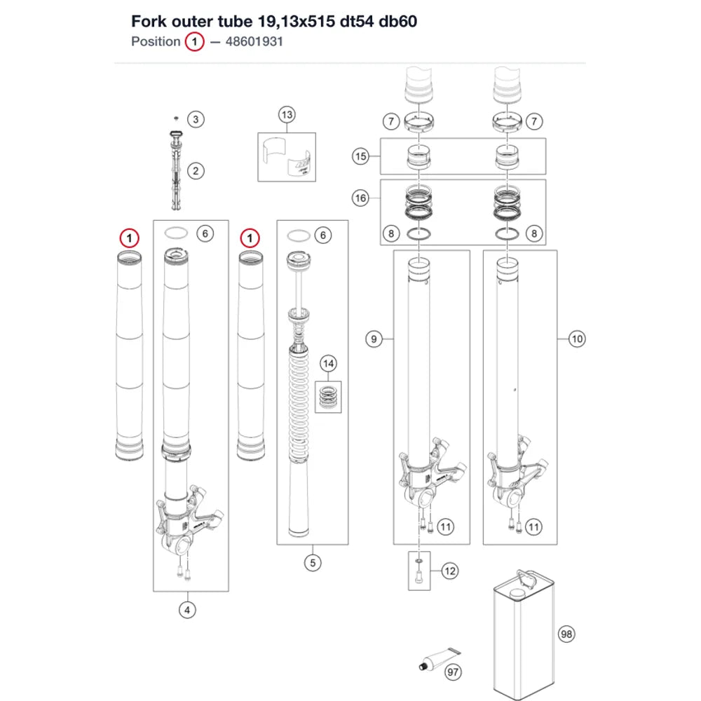 Fork outer tube 19,13x515 dt54 db60