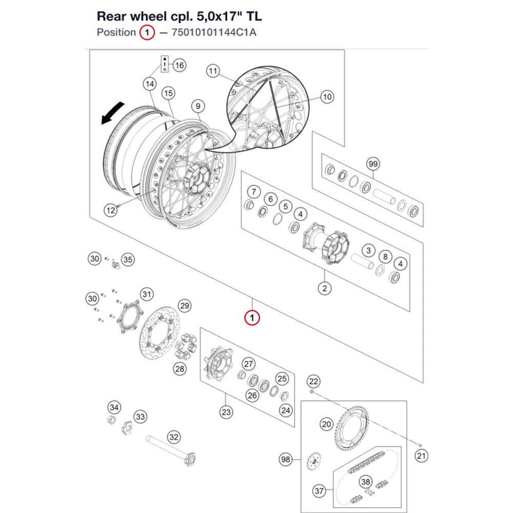 Rear wheel cpl. 5,0x17" TL
