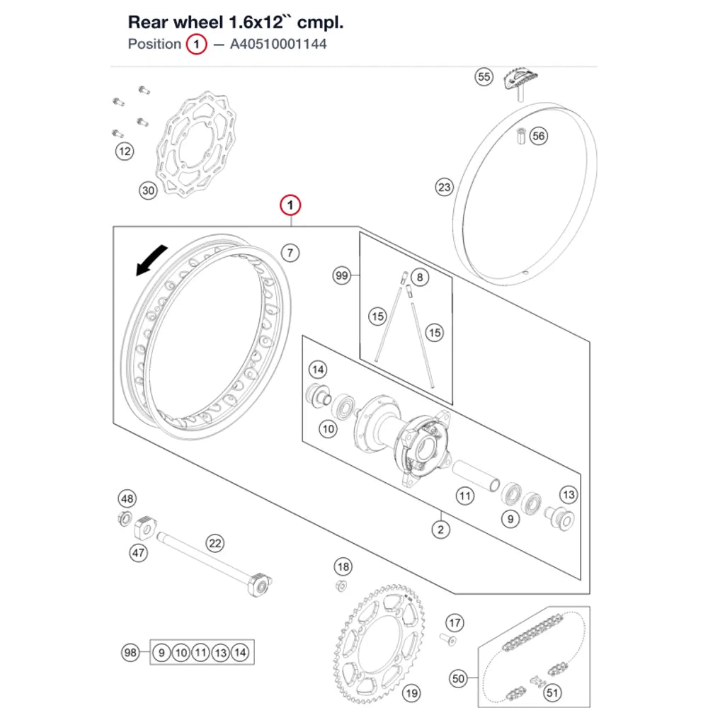 Rear wheel 1.6x12`` cmpl.