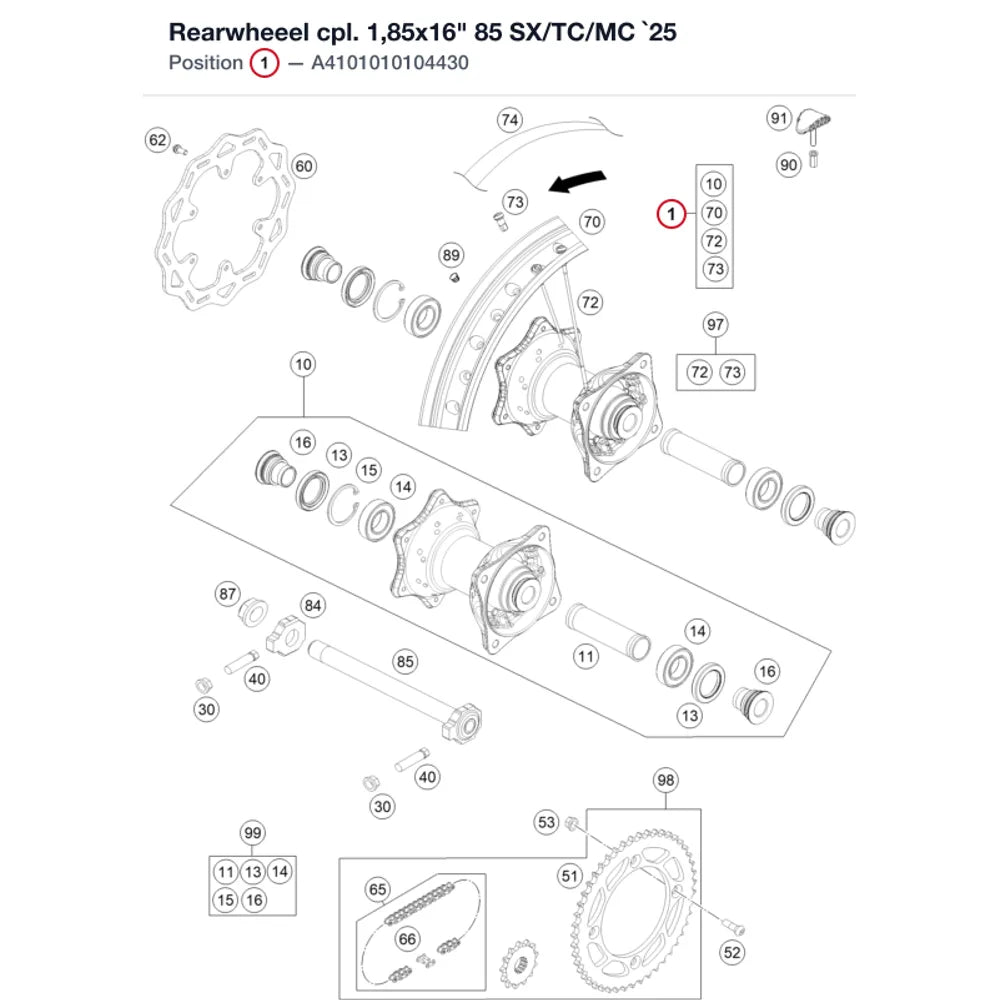 Rearwheeel cpl. 1,85x16" 85 SX/TC/MC `25