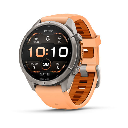 Garmin fēnix 9 Pro – 43mm – Titanium / Shell Pink-Autumn Orange Silicone Band – 010-04335-05