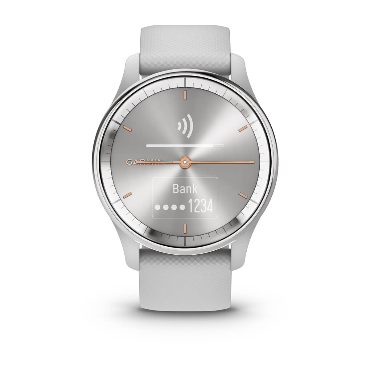 Garmin vívomove Trend – Silver Stainless Steel Bezel / Mist Gray Case and Silicone Band – detail view 1 (010-02665-03)