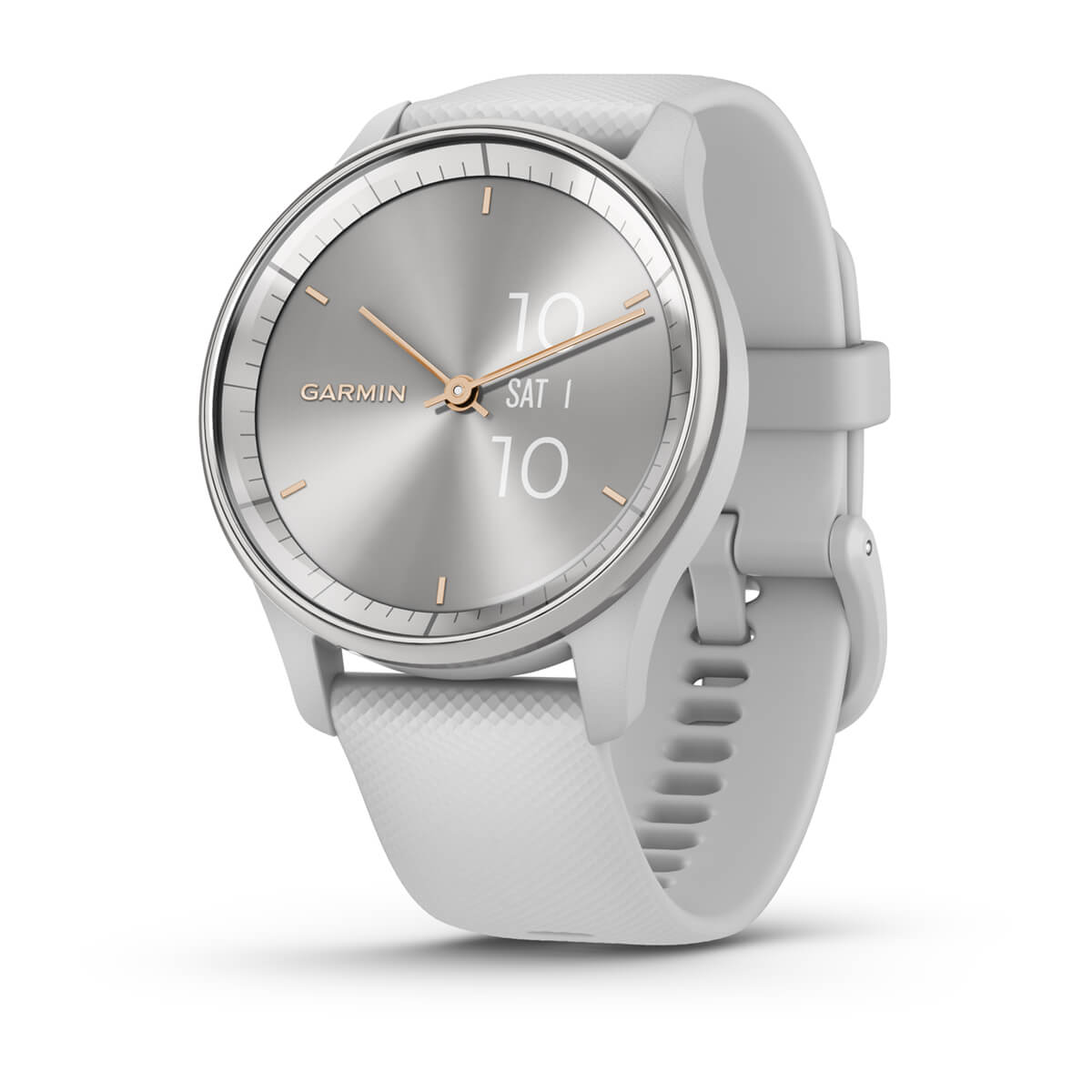 Garmin vívomove Trend – Silver Stainless Steel Bezel / Mist Gray Case and Silicone Band – front view (010-02665-03)