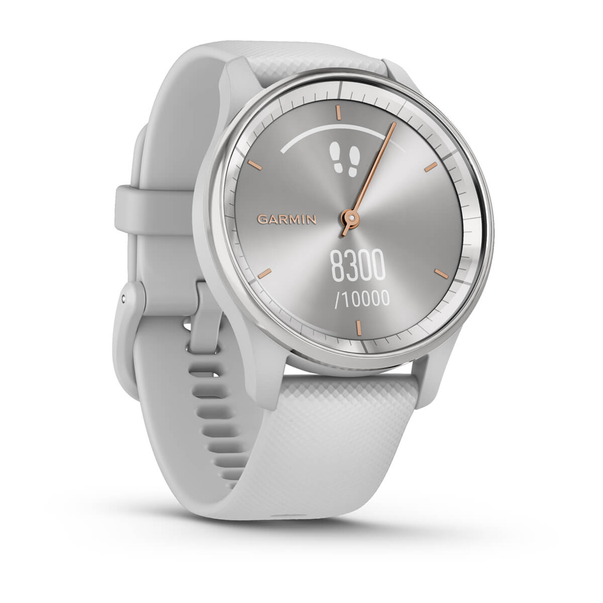 Garmin vívomove Trend – Silver Stainless Steel Bezel / Mist Gray Case and Silicone Band – left front view (010-02665-03)