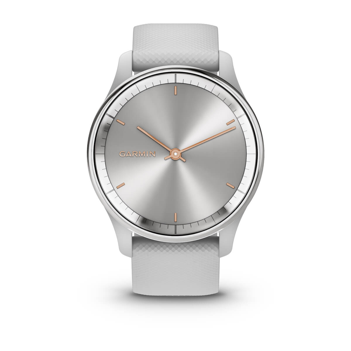 Garmin vívomove Trend – Silver Stainless Steel Bezel / Mist Gray Case and Silicone Band – right front view (010-02665-03)