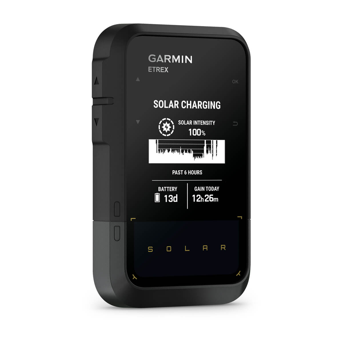 Garmin eTrex Solar – Solar Powered GPS Handheld Navigator – right front view (010-02782-00)