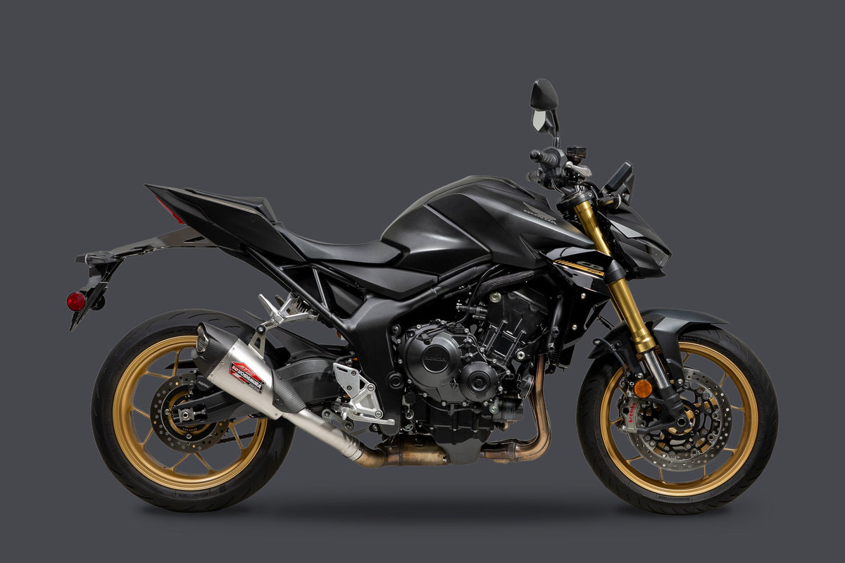 Yoshimura AT2 Stainless Slip-On Exhaust for Honda CB1000-Hornet – side view (12150BP520)